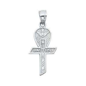 14K White Gold Religious Baptism Cross Pendant